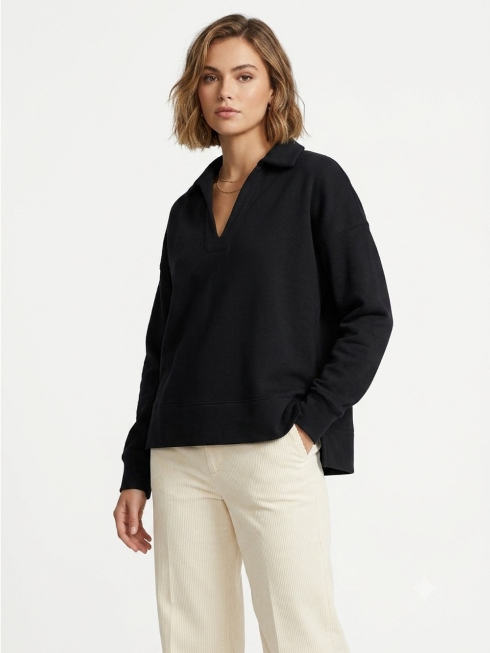 SPANX AirEssentials Long Sleeve Polo Top Black V-Neck Pullover L